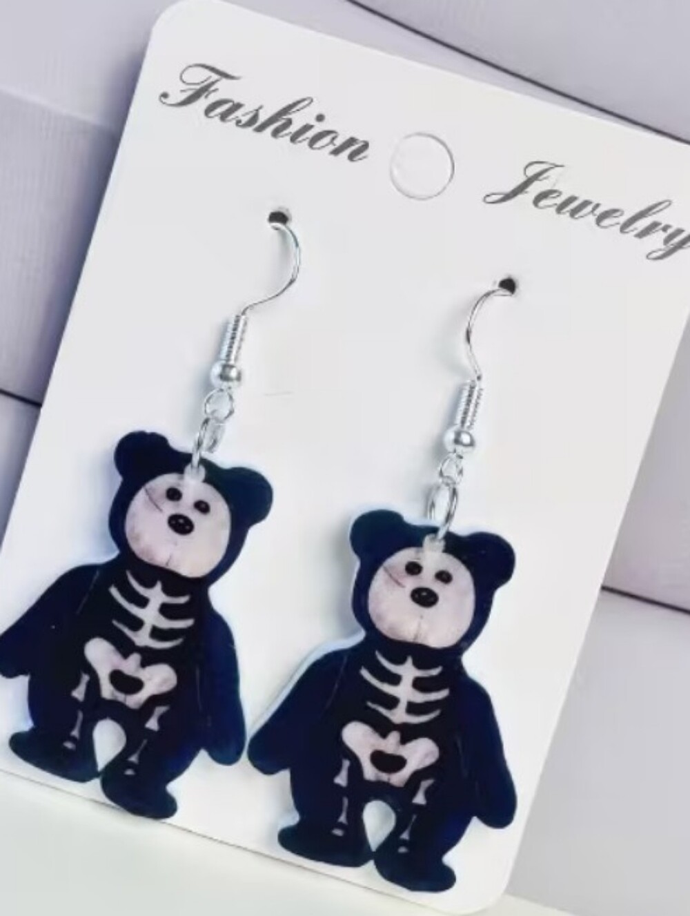 Black Skeleton Bear Dangle Earrings - Cute Halloween Accessory